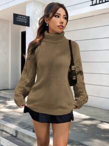 SHEIN Unity 女士高领休闲长袖针织套头衫秋冬毛衣 - 卡其色 - 查看 4