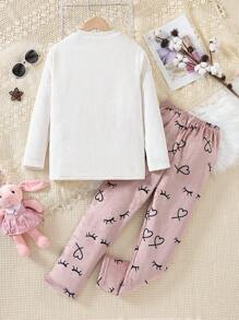 Girls' Flannel Pajama Set With Eyelashes And Heart Patterns - White - View 2