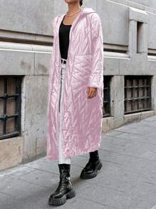 EURMUSE Dual Pocket Drop Shoulder Hooded Quilted Coat - Pink - View 3