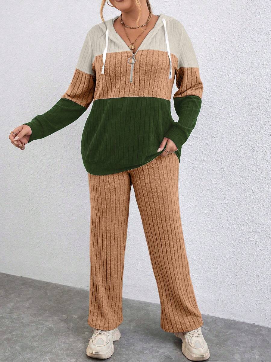 Calvaya Half-zip Drawstring Hoodie And Knitted Trousers Two-piece Set - Multicolor - View 1