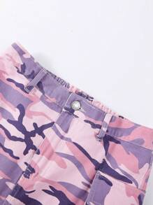 SHEIN 青少女復古街頭迷彩多口袋寬鬆舒適牛仔連身裙 - 粉色 - 查看 6