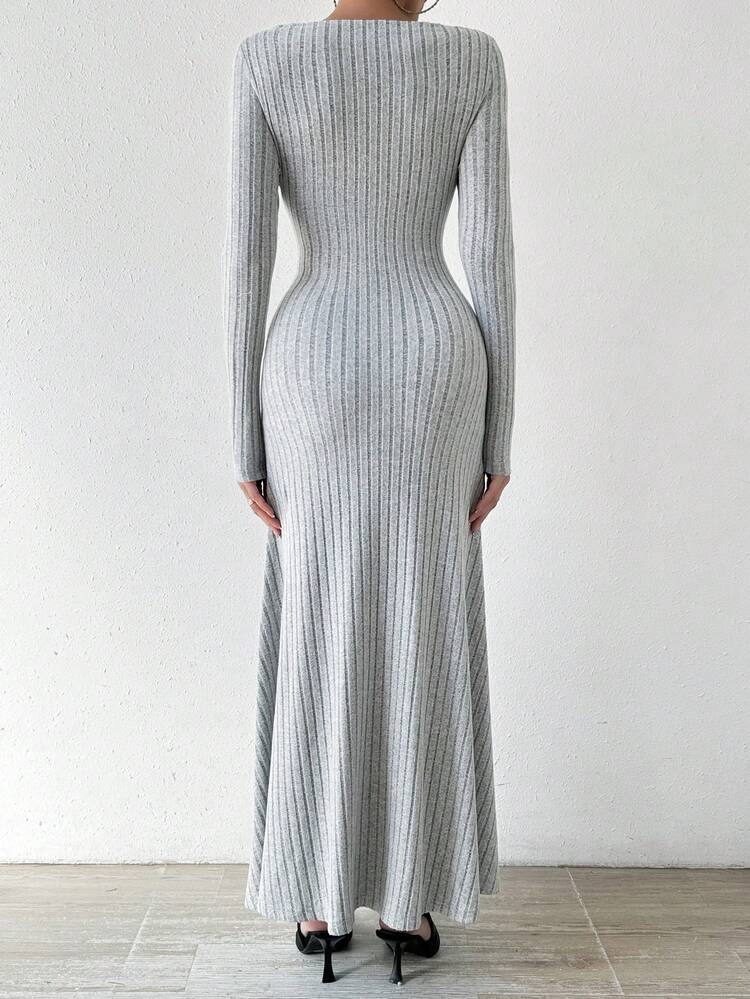 Grey Knit Ribbed Pleated Long Sleeve Dress Fall Cloth For Women