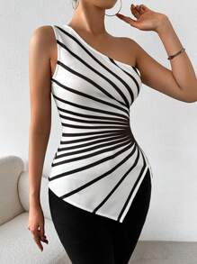 SHEIN Privé 條紋印花一字肩上衣 - 黑與白 - 查看 4