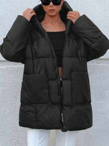 RueChic Drop Shoulder Hooded Puffer Coat - Black - View 5
