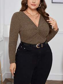 SHEIN Privé Plus Size Long Sleeve T-shirt With Twisted Knot Detail - Coffee Brown - View 5