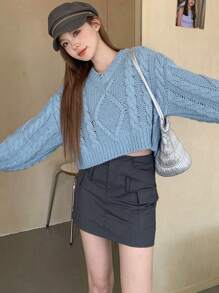 DAZY 女式落肩长袖毛衣，秋装 - 藍色 - 查看 7