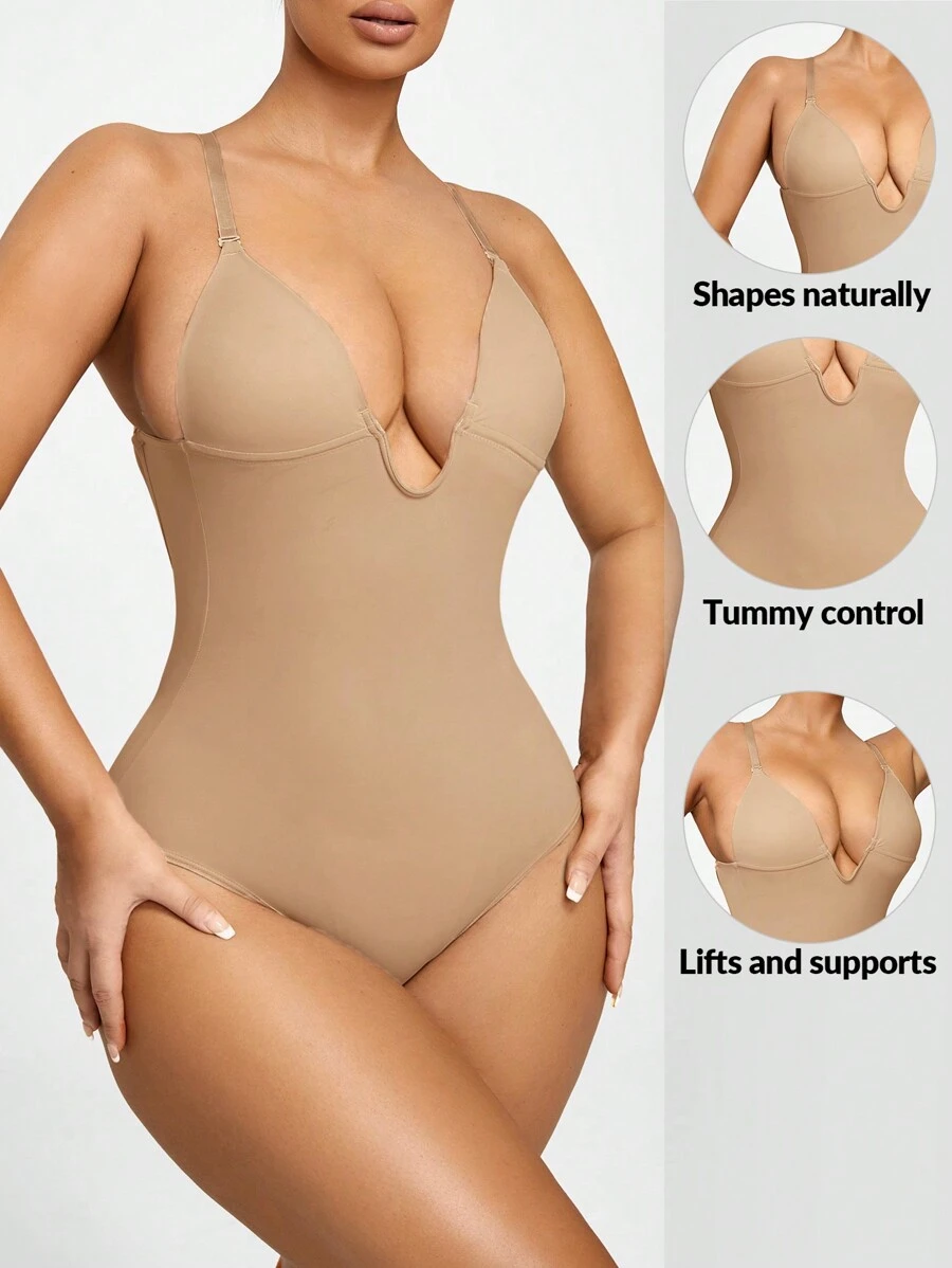 SHAPORA Chất rắn Bodysuit định hình - Màu be - Xem 1