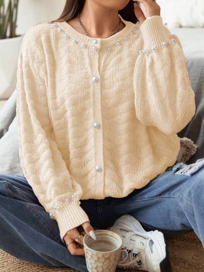 Flirla Plus Size Women's Beaded Decor Hollow Out Cardigan With A Graceful Elegant