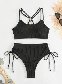 SHEIN Swim סט ביקיני מופרד עם שרוך לנשים עם דפוס צלעות קיץ ביץ' - שחור - ראה 5