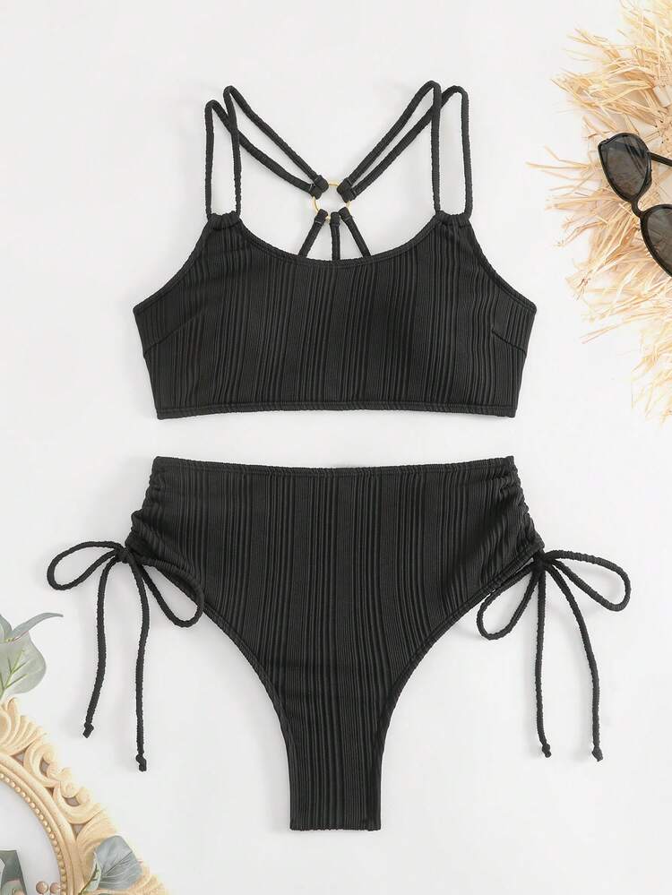 Ladies' Drawstring Separated Bikini Set With Ribbed Pattern Summer Beach