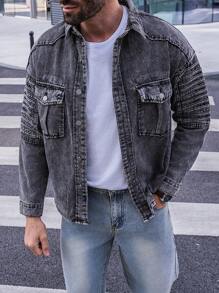 Manfinity Homme Men's Button-Front Denim Shirt With Flap Pocket And Lapel Collar - Black - View 5