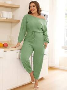 SHEIN Essnce Plus Size Women's Long Sleeve Striped Jumpsuit - Mint Green - View 1