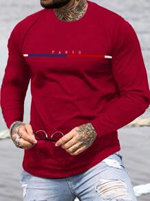 SHEIN Manfinity Homme 男士字母印花長袖t恤 - 酒紅色 - 查看 1