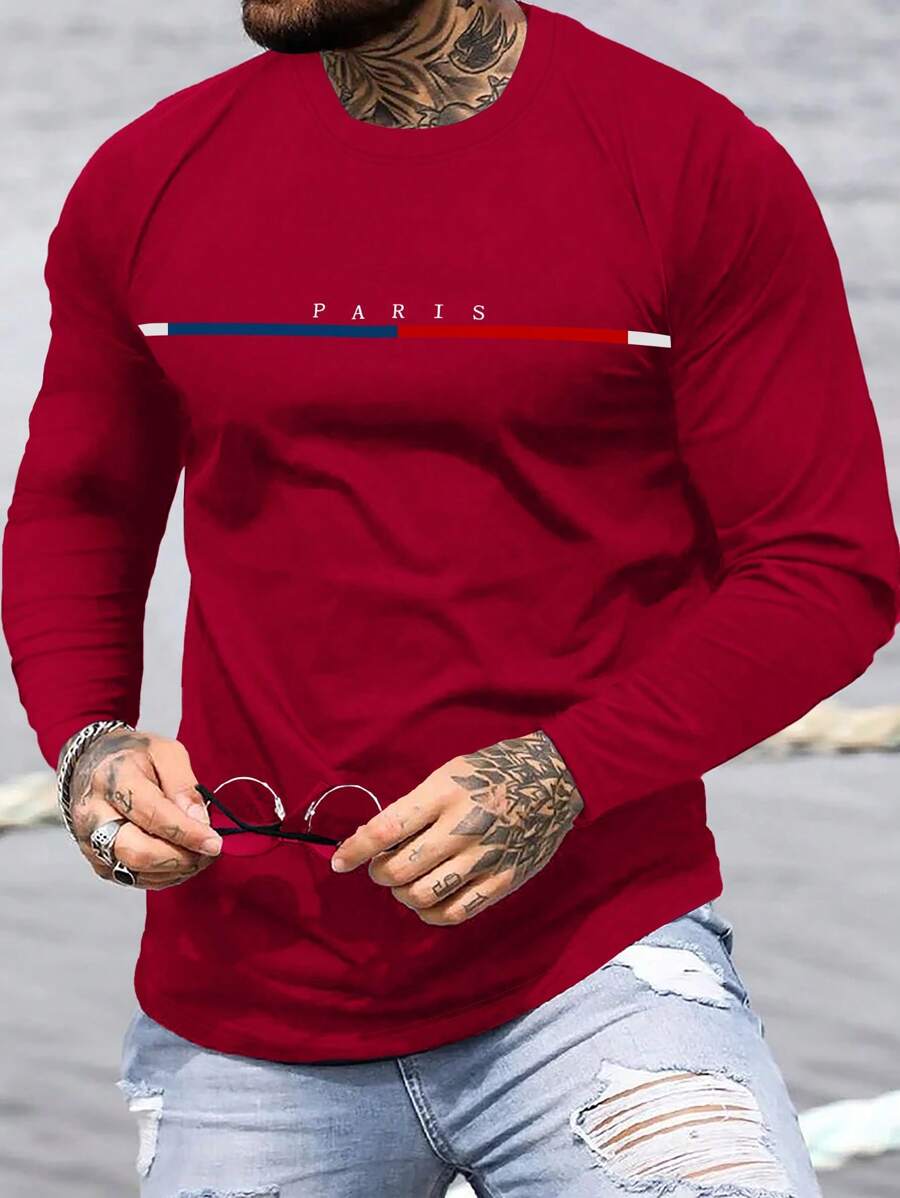 SHEIN Manfinity Homme 男士字母印花長袖t恤 - 酒紅色 - 查看 1