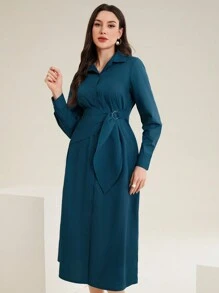 Mulvari 純色鈕扣前長袖連衣裙 - 藍色 - 查看 3