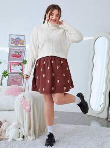 SHEIN EZwear Plus Size High Neck Long Sleeve Sweater Pullover - Beige - View 3
