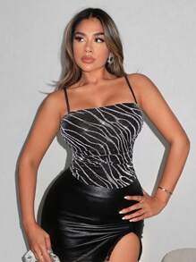 SHEIN SXY prom Glitter Allover Print Cami Bodysuit - Black - View 1