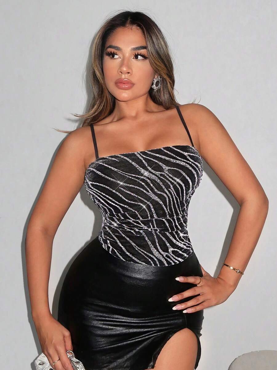 SHEIN SXY prom Glitter Allover Print Cami Bodysuit - Black - View 1