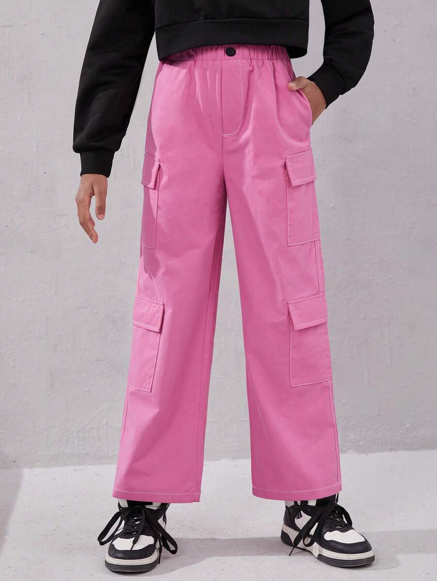 SHEIN 青少年女孩休閒街頭風格純色直腳貨物褲 - 西瓜粉 - 查看 1