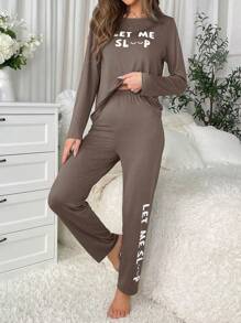 字母&睫毛圖案長袖t卹+長褲睡衣套裝 - 摩卡棕 - 查看 3