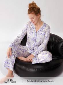 LUVLETTE 秋冬花卉图案缎面长款女士睡衣套装休闲套装内衣秋季睡衣衣服 - 紫羅蘭色 - 查看 6