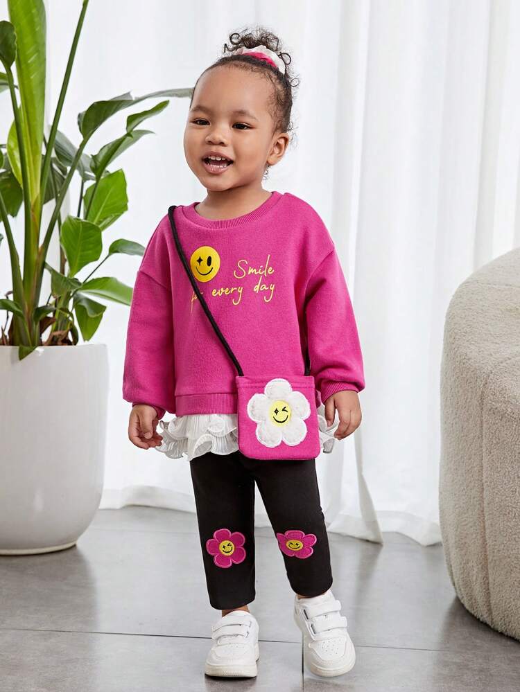 Baby Girls' Cute Long Sleeve Sweater With Ruffle Trim Floral Pattern Long Pants And Bag Set