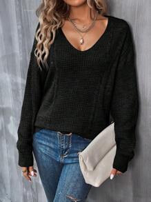 SHEIN LUNE V領下垂肩袖毛衣 - 黑色 - 查看 4