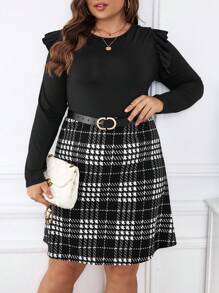 SHEIN Frenchy Kích thước lớn Kẻ sọc Đầm Với Ruffled Không có thắt lưng - màu đen - Xem 6