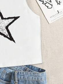 女孩夏季休閒星星圖案無袖短上衣 - 白色 - 查看 4