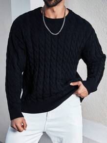 Manfinity Homme Men's Plus Size Solid Color Drop Shoulder Sweater - Black - View 1
