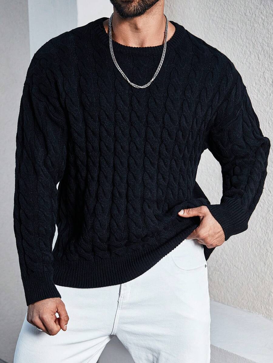 Manfinity Homme Men's Plus Size Solid Color Drop Shoulder Sweater - Black - View 1
