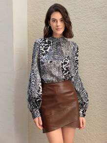 Anewsta 豹紋和斑馬紋圓筒袖上衣 - 黑與白 - 查看 4