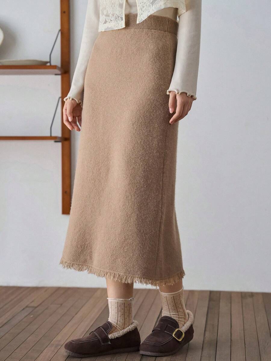 FRIFUL Của phụ nữ Viền tua Hem Váy len nửa mảnh - Màu Khaki - Xem 1