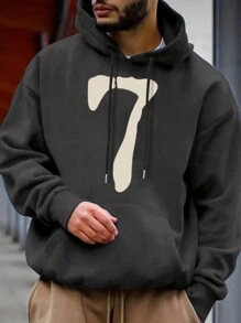 Men's Casual Number "7" Print Pocket Drawstring Hoodie, Autumn/Winter, Long Sleeve Top - Dark Grey - View 5