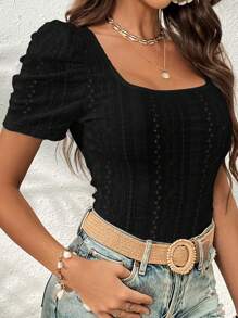 SHEIN Privé 女士純色泡泡袖空心刺繡t恤 - 黑色 - 查看 5