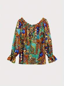 Women's Printed Frill Hem Off Shoulder Blouse With Ruffle Sleeves - Brown - View 2