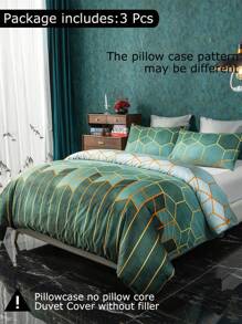 3pcs Duvet Cover Set With Geometric Elements, Simple European Style Pattern, Flannel Polyester Fabric, Including 1 Duvet Cover And 2 Pillowcases - Dark Green - View 4