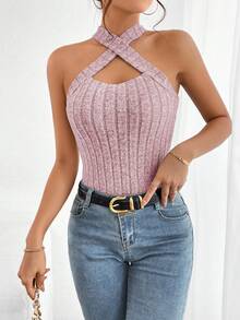 SHEIN Essnce 女士素色肋編鑲邊背心吊帶上衣 - 淺粉色 - 查看 3