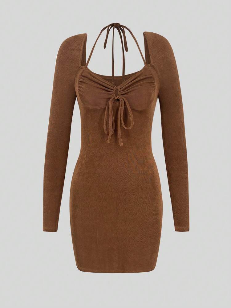 Drawstring Ruched Long Sleeve Bodycon Dress Fall Cloth For Women