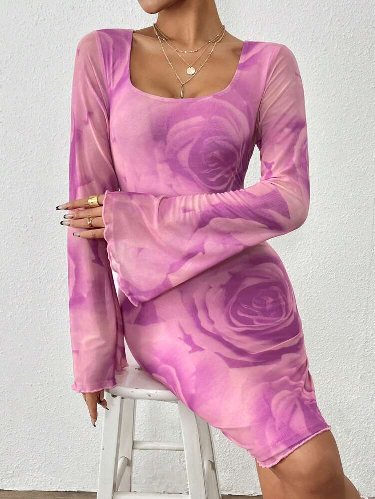 Women's Floral Printed Long Sleeve Bodycon Dress Fall Cloth For Women
