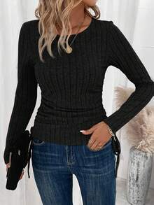 SHEIN LUNE 純色褶皺立領長袖t恤 - 黑色 - 查看 6