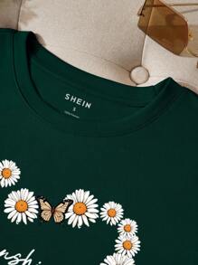 SHEIN LUNE 女花蝴蝶字母印花t卹 - 墨綠色 - 查看 5