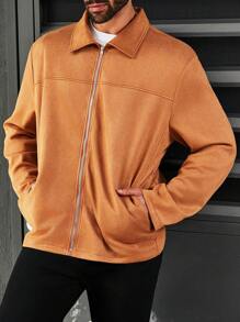 Manfinity Homme Men's Plus Size Zip-Up Front Collar Turn-Down Jacket - Brown - View 4