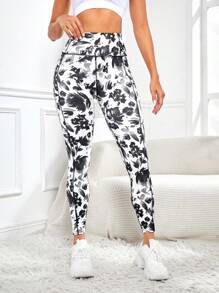 SHEIN Yoga Floral 女士花卉印花運動緊身褲 - 黑與白 - 查看 4