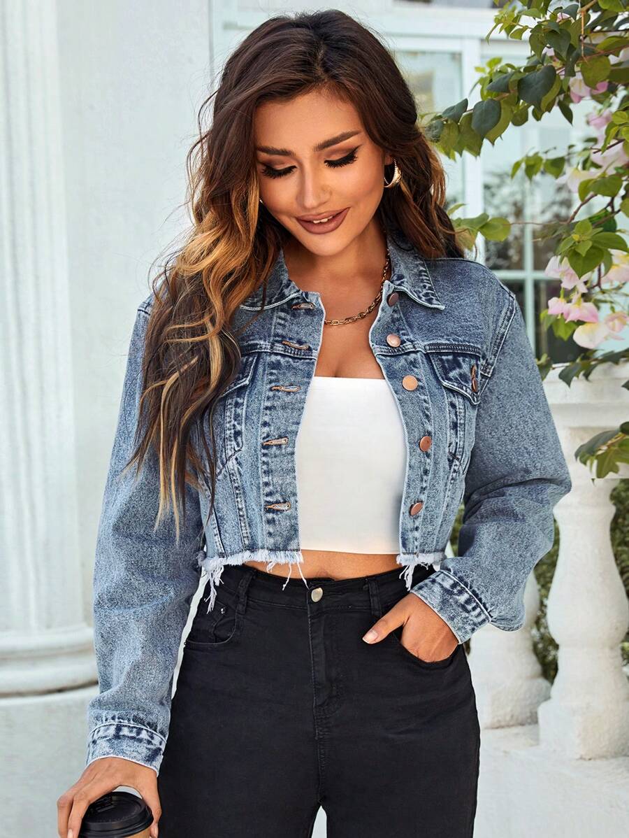 SHEIN Essnce Frilled Button Up Denim Jacket