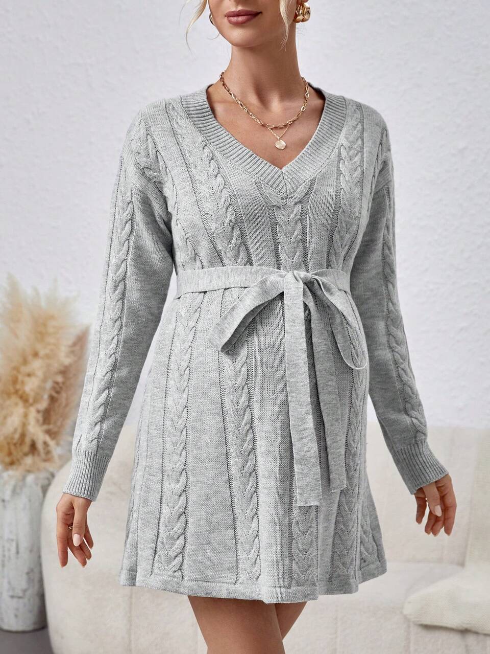 Elegant And Loose Maternity Sweater Dress With Waist Belt, For Winter