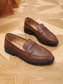 女款春秋休閒百搭正裝鞋低跟圓頭樂福鞋平底鞋