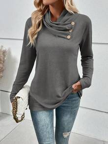 EMERY ROSE 休閒純色釦飾長袖T恤 - 深灰色 - 查看 4