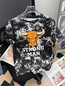 SHEIN 男孩溜染公牛頭及字母印花寬鬆圓領短袖t卹 - 彩色 - 查看 1