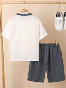 Cậu bé Tween Khối màu Cổ áo tây Đôi ngực Ngắn tay Áo sơ mi Và Bộ quần short , Quý ông - Xám - Xem 2